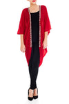 Model wearing red kimono with sparkling crystal petals of pink, lemon and white facing forward